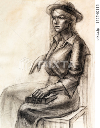 hand-drawn dressed female model with hat 122540116