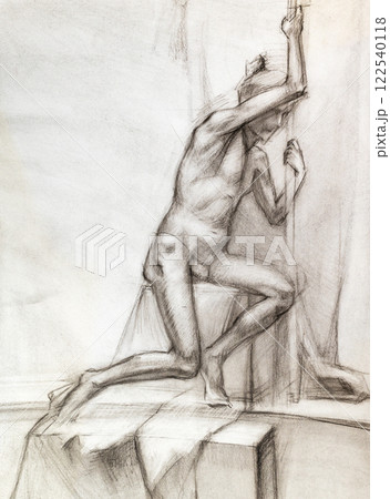 hand-drawn portrait of male model leaning on pole 122540118