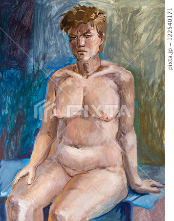 hand-painted nude female model sitting on podium hand-painted nude female model sitting on podium 122540171