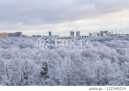 low snow cloud over snowy city park after snowing 122540224