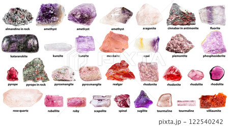 rough pink minerals with names isolated rough pink minerals with names isolated 122540242