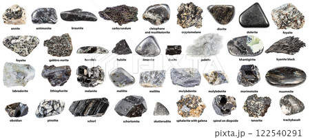 black and gray raw minerals with names isolated black and gray raw minerals with names isolated 122540291