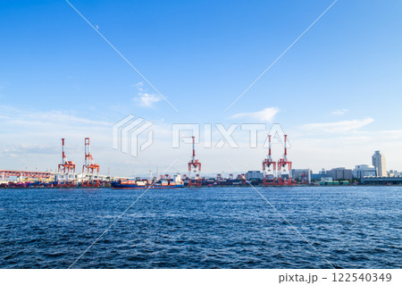 Osaka, Japan; 11 10 2024: Large cranes at Osaka port, Marine cargo, large port city and commercial center on the Osaka, Japan; 11 10 2024: Large cranes at Osaka port, Marine cargo, large port city and commercial center on the 122540349