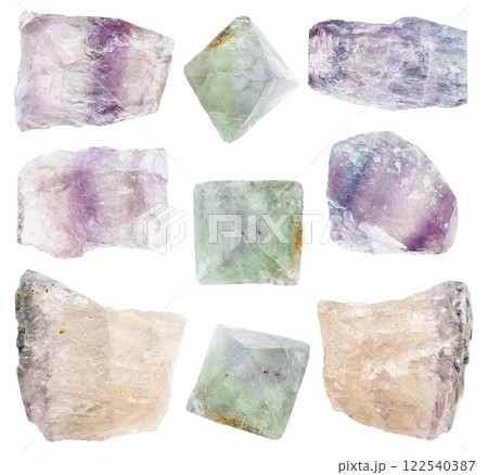 various samples of raw fluorite minerals isolated 122540387