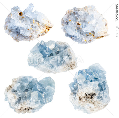 various samples of raw celestite minerals isolated 122540495