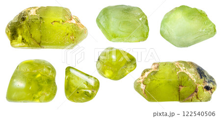 various samples of raw peridot minerals isolated 122540506