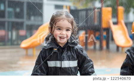 smiling child in firefighter uniform enjoys playing in rain at playground with orange slides in background 122540670