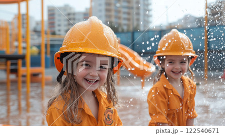 Children in firefighter uniforms playing with water at playground, smiling joyfully 122540671