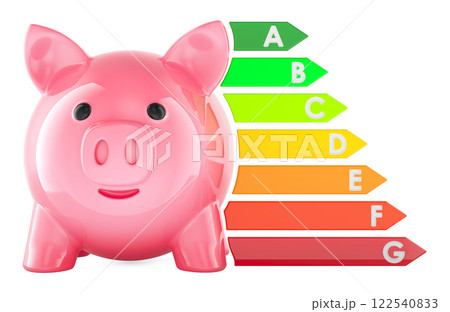 Piggy bank with energy efficiency chart, 3D rendering Piggy bank with energy efficiency chart, 3D rendering 122540833