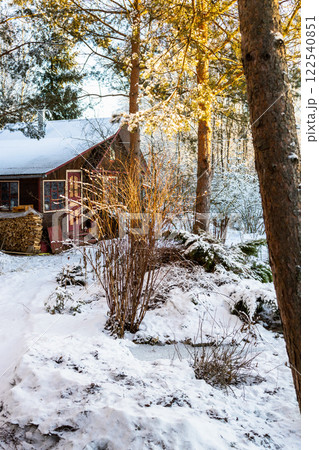 view of wooden hut with woodpile in snowy yard view of wooden hut with woodpile in snowy yard 122540851