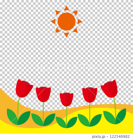 太陽と赤いチューリップ シンプルな春イメージのイラスト 白背景 太陽と赤いチューリップ シンプルな春イメージのイラスト 白背景 122540982