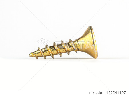 golden screw lies on a white surface ready for use in various projects 122541107