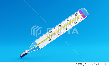 thermometer on a bright blue background. glass medical device for measuring human temperature. 3D illustration 122541304