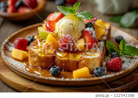 French toast breakfast food dessert fruit topping sweet treat maple syrup delicious 122541386
