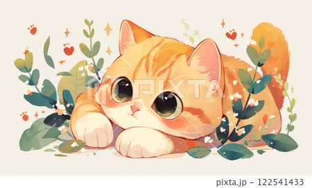 Adorable cartoon cat laying down surrounded by leaves nature playful cute whimsical 122541433