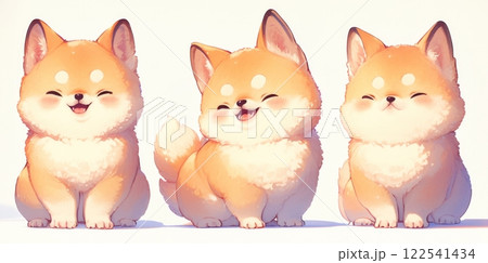 Three cute Shiba Inu dogs cartoon illustration adorable happy playful pets 122541434