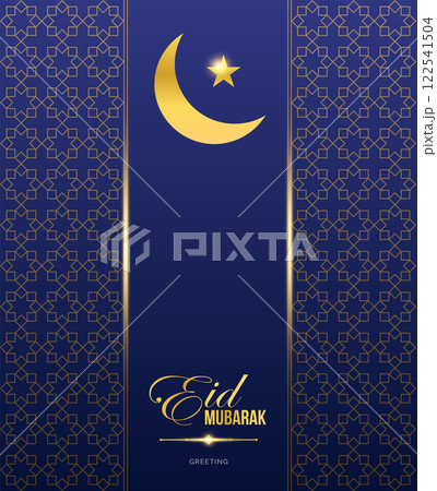 Golden Eid Mubarak Banner and Poster Template With Crescent Moon and Illuminated Star Islamic Ornament. Islamic Holiday Greeting Card 122541504