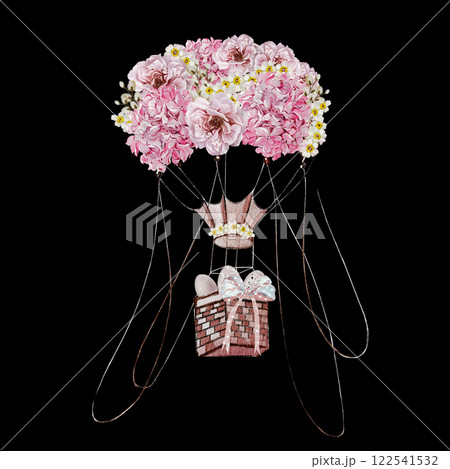 Easter balloon decor with flowers in tender colors. Watercolor vintage style. 122541532