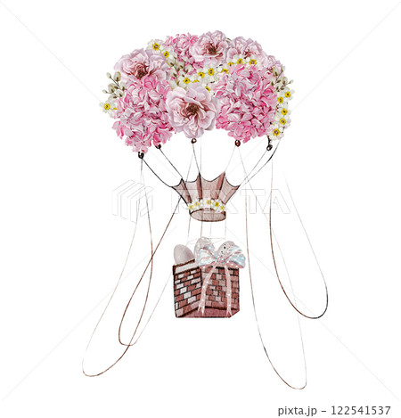 Easter balloon decor with flowers in tender colors. Watercolor vintage style. 122541537