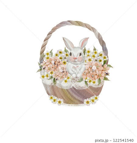 Easter basket with flowers in tender colors. Watercolor vintage style. Easter basket with flowers in tender colors. Watercolor vintage style. 122541540