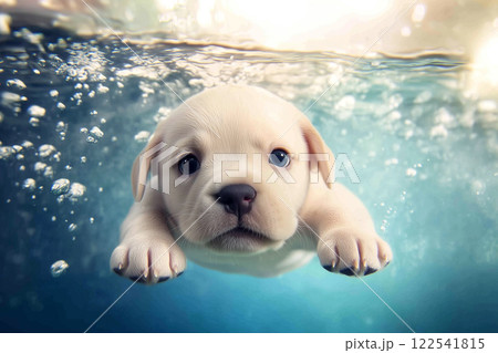 Playful Golden Labrador Retriever Puppy Jumping in Swimming Pool for Fun and Laughter 122541815