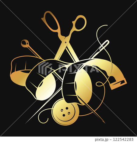 Golden sign for cutting and sewing. Needle with thread, scissors and tape measure 122542283