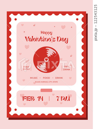 Flyer for music party for Valentine's Day.Party invitation template.Music poster design on pink background.Ideal design for social media,club.Greeting card in the form of postage stamp. Flyer for music party for Valentine's Day.Party invitation template.Music poster design on pink background.Ideal design for social media,club.Greeting card in the form of postage stamp. 122543125