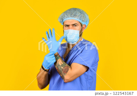 experienced doctor. doctor surgeon wear rubber glove. nurse in respirator mask. medical worker ready for vaccination. new virus immunity. coronavirus epidemic in China. healthcare. safety and hygiene 122543167