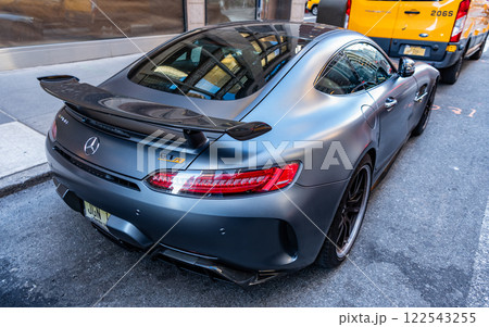 New York City, USA - August 09, 2023: Mercedes Benz AMG GT 2018 luxury sport car, back corner view 122543255