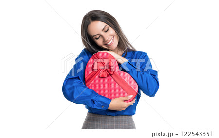 Businesswoman with present isolated on white. Valentines day celebration in office. Valentines day offer. Charity concept. Exchanging present reward. Businesswoman. 14 February. Secret valentine Businesswoman with present isolated on white. Valentines day celebration in office. Valentines day offer. Charity concept. Exchanging present reward. Businesswoman. 14 February. Secret valentine 122543351