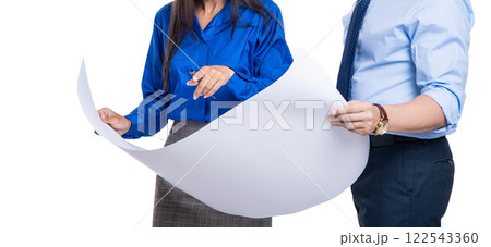 Chief engineer and architect in hardhat isolated on white. Safety business. Data protection. Supervisor engineer with blueprint. Plan construction project. Architect planning work. Cropped view Chief engineer and architect in hardhat isolated on white. Safety business. Data protection. Supervisor engineer with blueprint. Plan construction project. Architect planning work. Cropped view 122543360