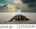 A turtle in a plastic bag. Let's save the ocean. Plastic pollution in ocean , plastic bags in the depths of the ocean . High quality photo 122543430