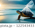 A turtle in a plastic bag. Let's save the ocean. Plastic pollution in ocean , plastic bags in the depths of the ocean . High quality photo 122543433