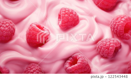 Yogurt with raspberries. Close-up texture	 122543448