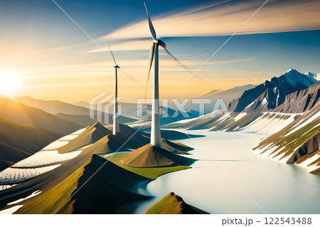 Panoramic view of wind farm or wind park, with high wind turbines for generation electricity with copy space. Green energy concept. 122543488
