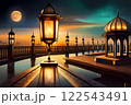 Islamic greeting Eid Mubarak cards for Muslim Holidays. Eid-Ul-Adha festival celebration . Ramadan Kareem background. Crescent Moon and Lantern Lightning in sky 122543491