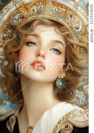 Art Nouveau portrait of woman framed by delicate florals and glowing gold, embodying dreamlike sophistication of woman in timeless Art Nouveau style. Dreamlike elegance concept floral feminine  122543629