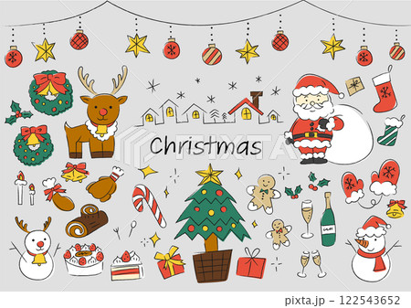 クリスマスのものを集めた手描きイラストセット クリスマスのものを集めた手描きイラストセット 122543652