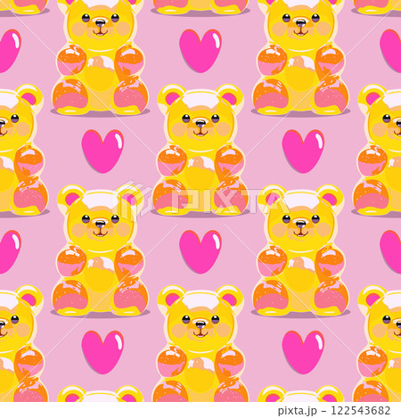 Vector seamless pattern with bright honey gummy bears and candy hearts on soft pink background Vector seamless pattern with bright honey gummy bears and candy hearts on soft pink background 122543682