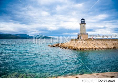 Lighthouse with a restaurant in Lustica Bay in winter time, Montenegro 122543686