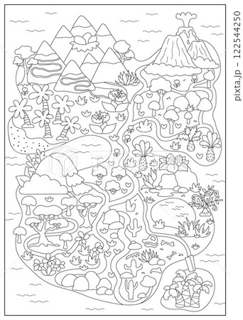 Vector black and white empty ancient continent map. Dinosaur landscape illustration. Prehistoric scenery, coloring page. Detailed island scene with paths. Dino land picture for kids 122544250