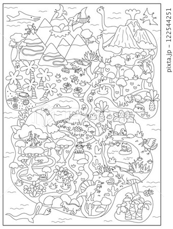 Vector black and white ancient continent map. Dinosaur landscape illustration, coloring page. Cute prehistoric scenery with animals. Funny detailed island scene with paths. Dino land picture 122544251