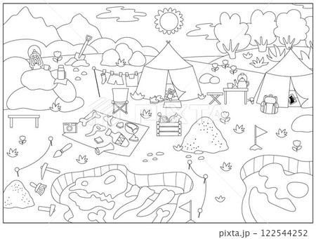Vector black and white paleontologists landscape illustration. Dinosaurs fossils and bones picture, coloring page. Empty scene with prehistoric animal dig. Dino archaeologists camp scenery 122544252