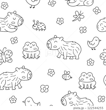 Vector black and white capybara seamless pattern. Cute line capibara repeat background with frog, bird, flower, butterfly, fly, bug. Funny digital paper, coloring page with happy relaxed animals Vector black and white capybara seamless pattern. Cute line capibara repeat background with frog, bird, flower, butterfly, fly, bug. Funny digital paper, coloring page with happy relaxed animals 122544255
