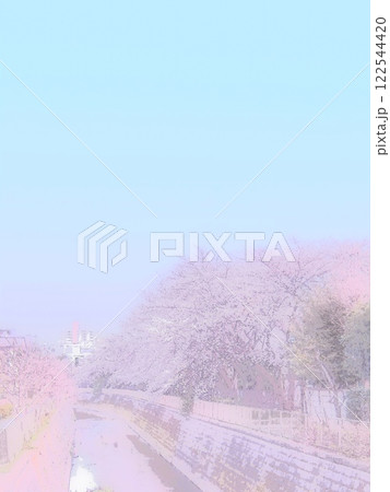 川べりの桜咲く風景。イラスト風の写真。 川べりの桜咲く風景。イラスト風の写真。 122544420