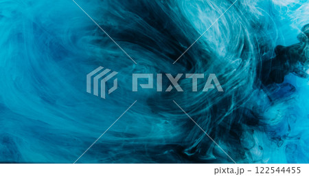 Paint mist. Smoke texture. Defocused blue color fog splash wave floating underwater flow on dark black abstract art background. Paint mist. Smoke texture. Defocused blue color fog splash wave floating underwater flow on dark black abstract art background. 122544455