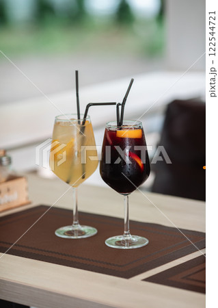 A glass of fresh delicious sangria on the table in 122544721