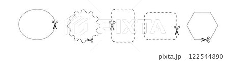 Cut here icon symbol. Cut lines with scissors. Scissors icons set. Scissors for cutting symbol. Vector 122544890