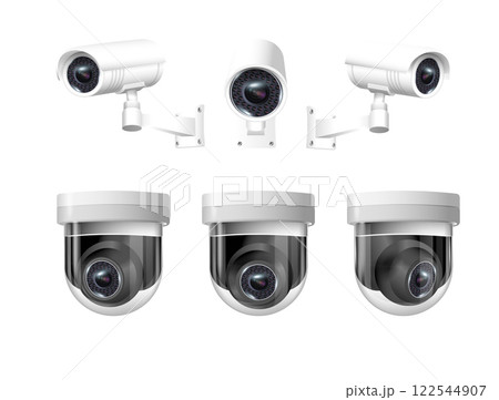 Security cameras on modern building. Professional surveillance camera. Security system, technology concept. Video equipment for safety system area control. Vector 122544907