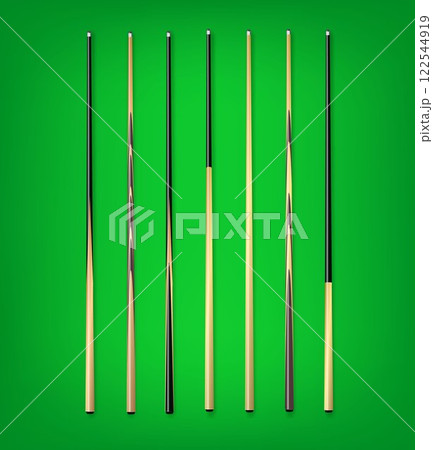 Billiard cues on green background. Snooker sports equipment. Vintage pool cue. Vector 122544919